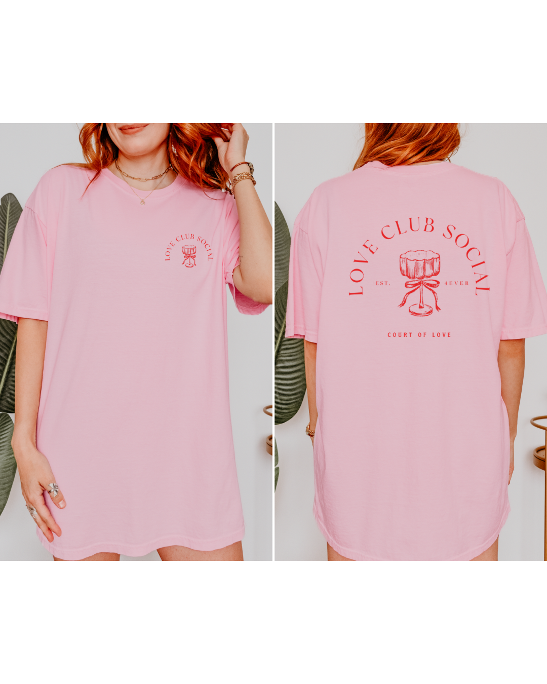 Pink t-shirt with 'Love Club Social' design on front and back worn by a person.